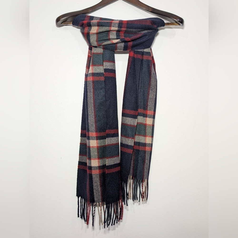 J. Crew Cashmere Navy Blue Tartan Plaid Scarf  Red Cream Green - Picture 2 of 5